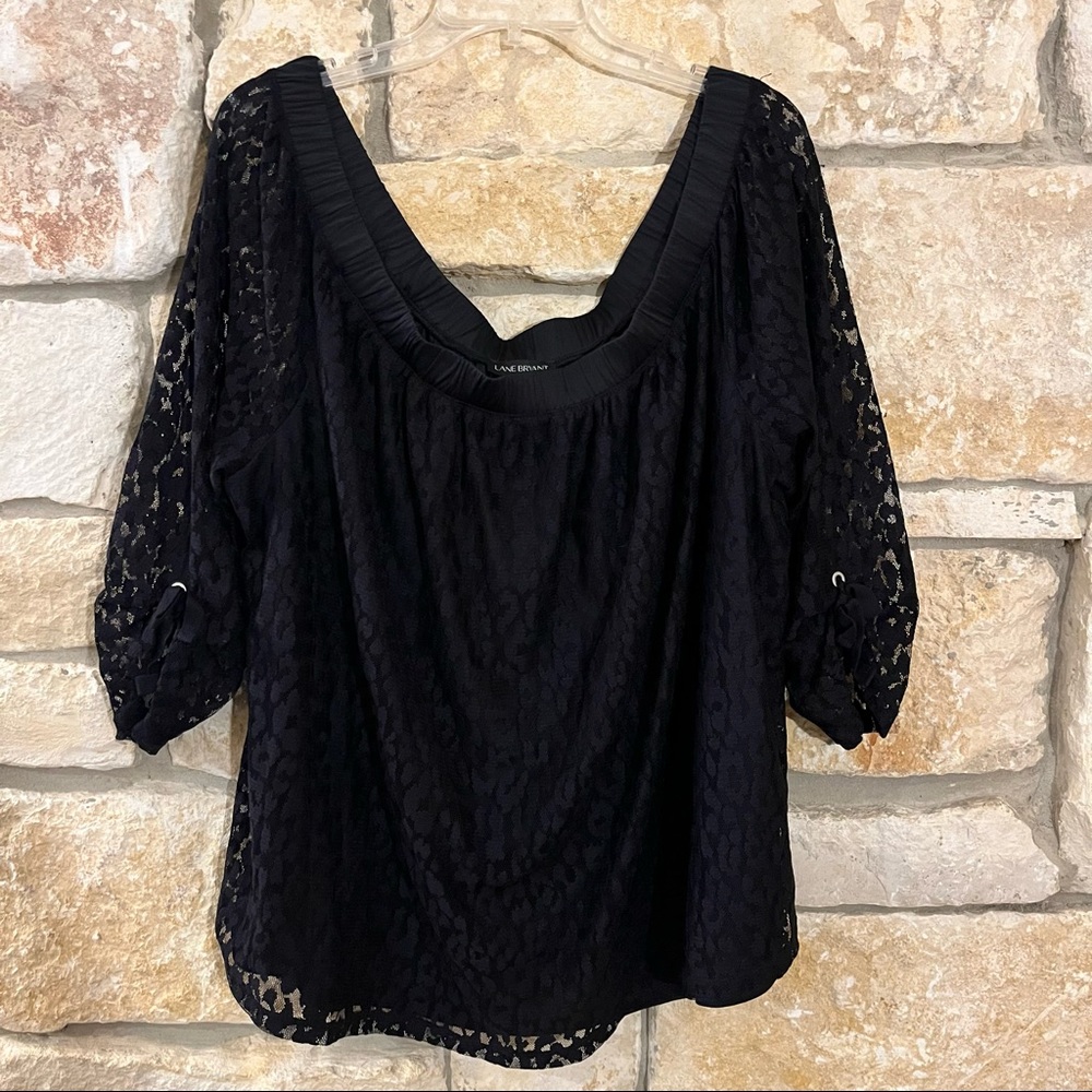 Lane Bryant Animal Print Lace Overlay Elastic Collar Top Size 26/28 *NWT*